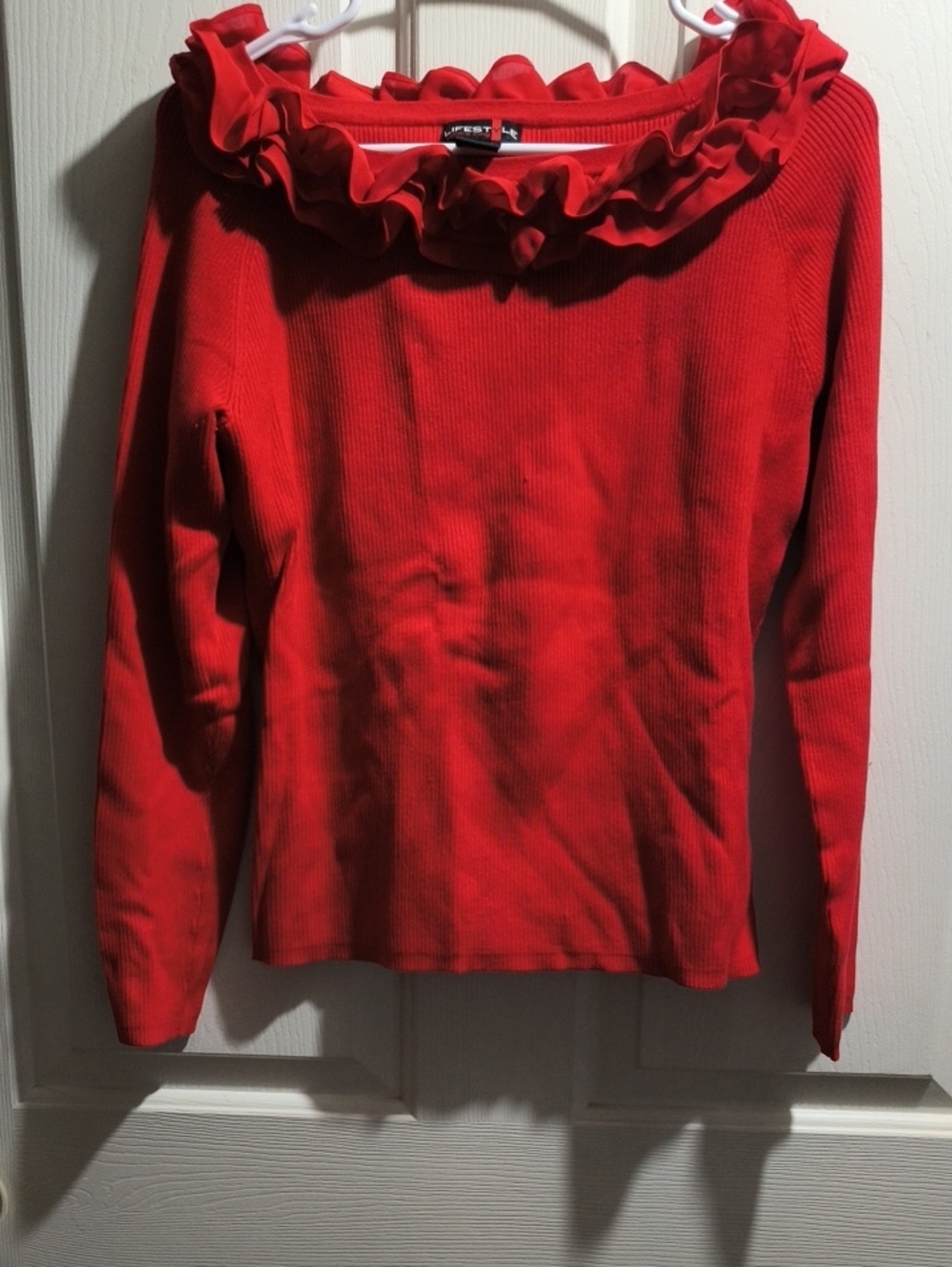 Red Ruffle-Neck Long Sleeve Top by